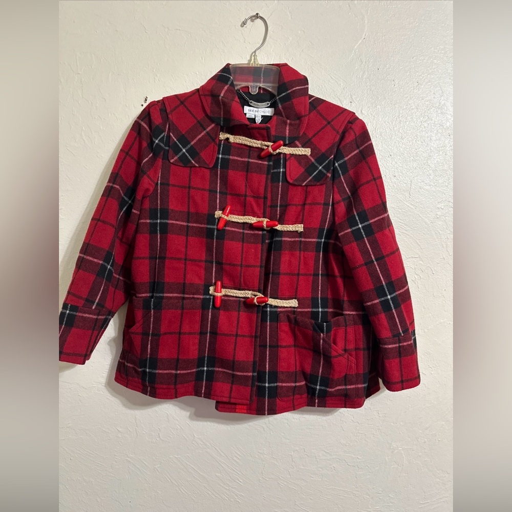 See By Chloe Red Plaid Wool Blend Jacket Sz 4 Women Peacoat Coat Classic Toggle